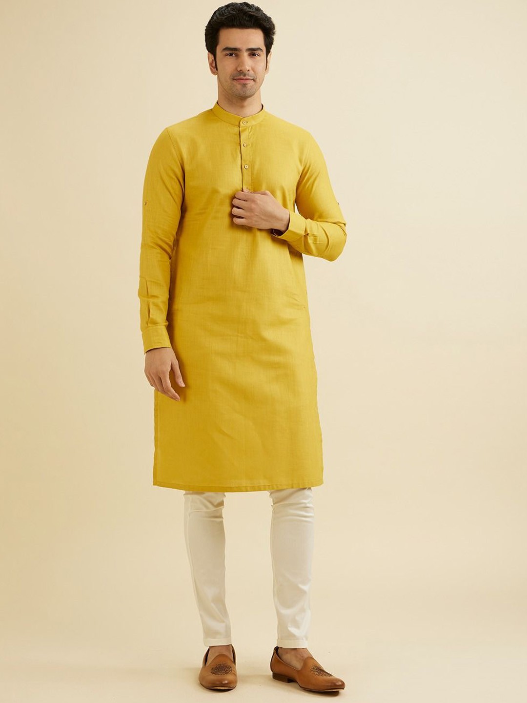 

Manyavar Mandarin Collar Cotton Straight Kurta, Mustard