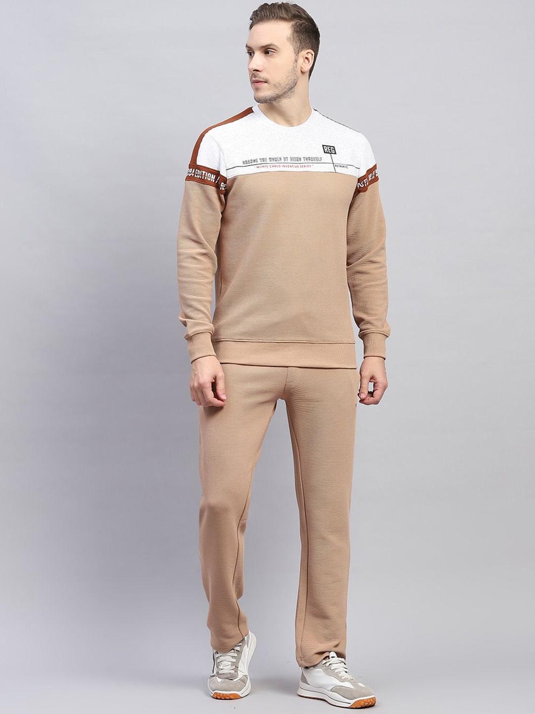 

Monte Carlo Men Printed Round Neck Full Sleeves Tracksuits, Beige