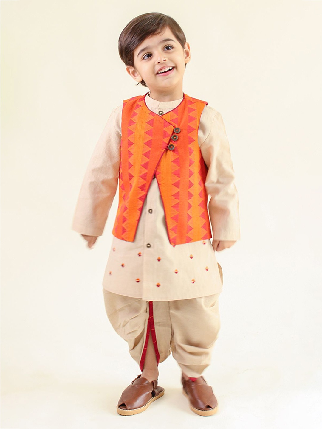 

Tiber Taber Boys Embroidered Pure Cotton Straight Kurta with Dhoti Pants, Orange