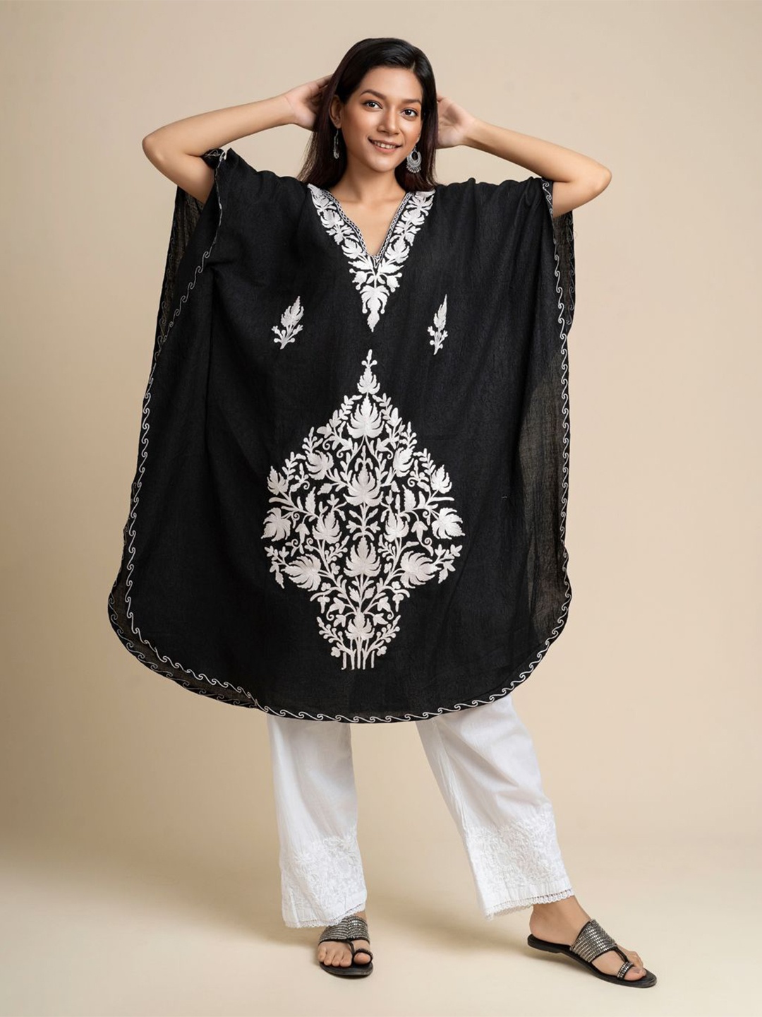 

Hastya Kala Cotton Kimono Sleeves Kaftan Dress, Black