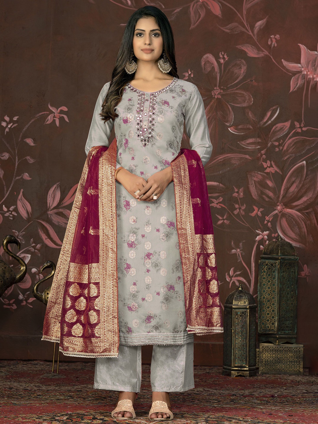 

Maroosh Floral Embellished Unstitched Dress Material, Grey