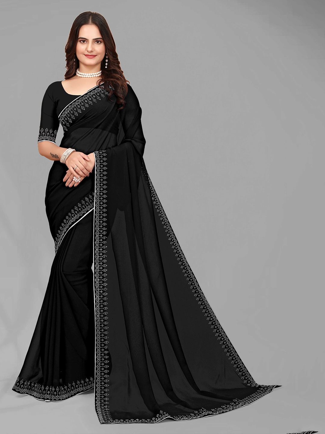 

WEAVETECH IMPEX Beads and Stones Embellished Pure Georgette Saree, Black