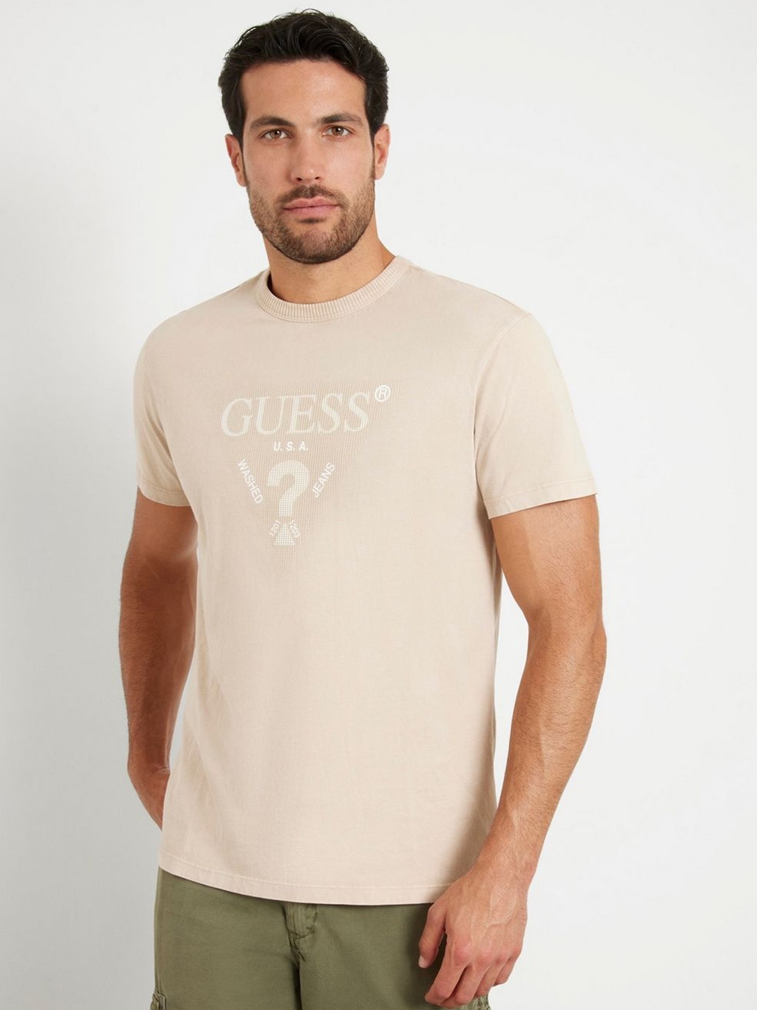 

GUESS Men Brand Logo Printed Round Neck Pure Cotton T-shirt, Beige