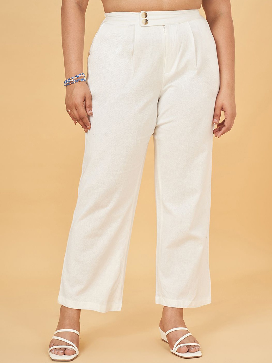 

Honey Curvytude by Pantaloons Mid Rise Cotton Casual Trousers, Off white