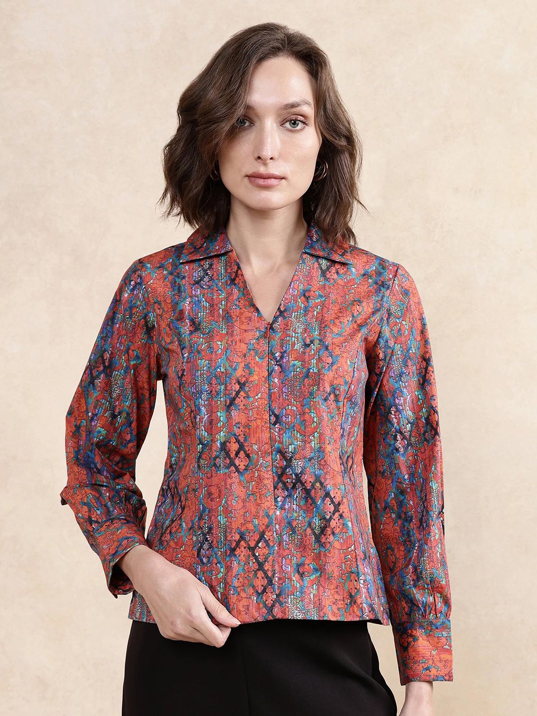 

RAREISM Women Floral Printed Cotton Shirt Style Top, Rust