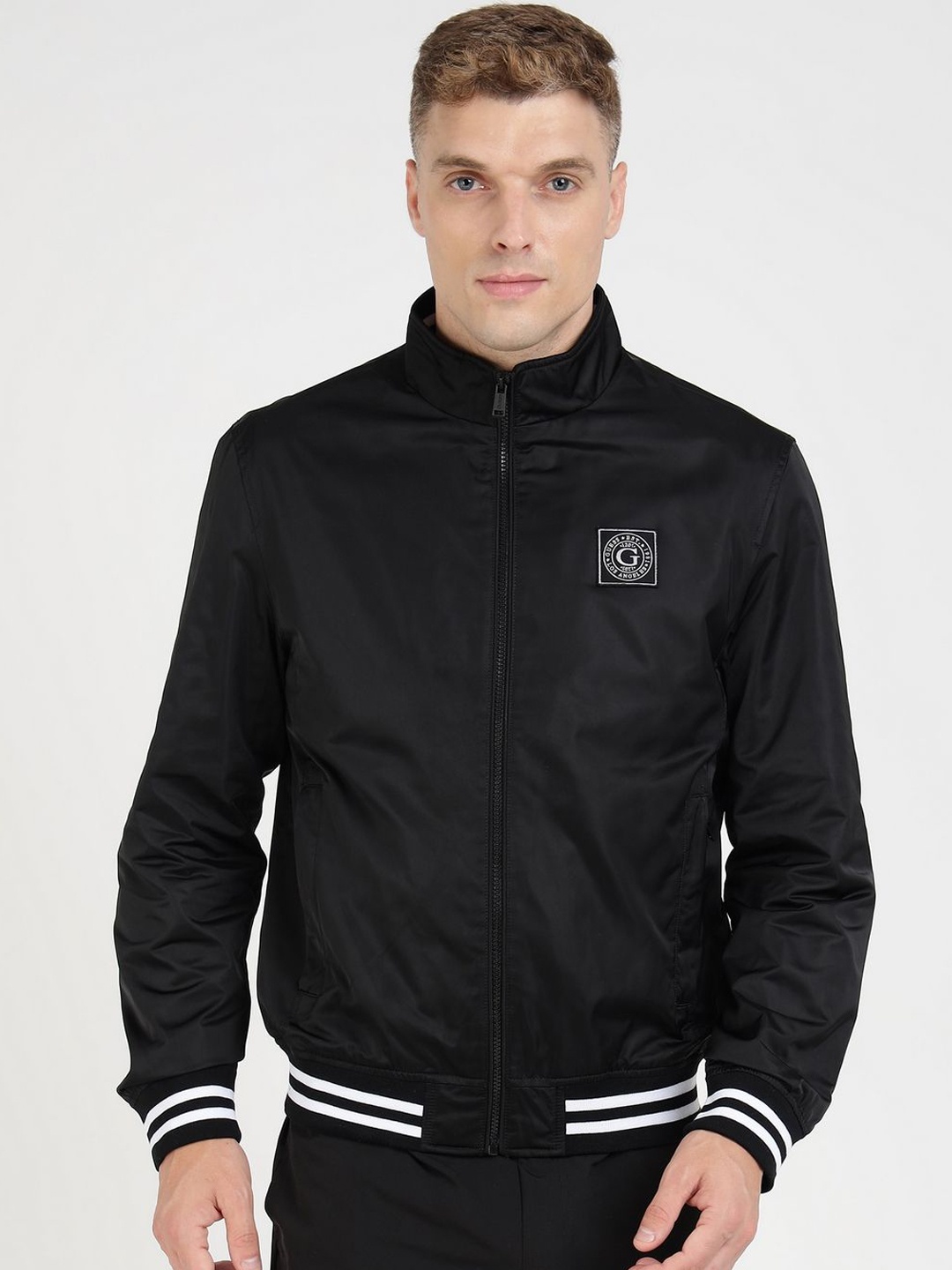 

GUESS Men Mock Collar Solid Casual Bomber Jacket, Black