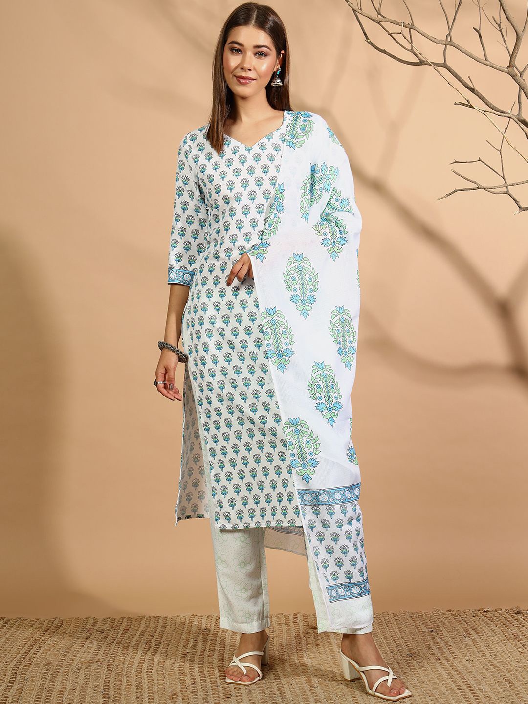 

Anouk Rustic Blue Floral Printed V-Neck Straight Kurta With Trousers & Dupatta