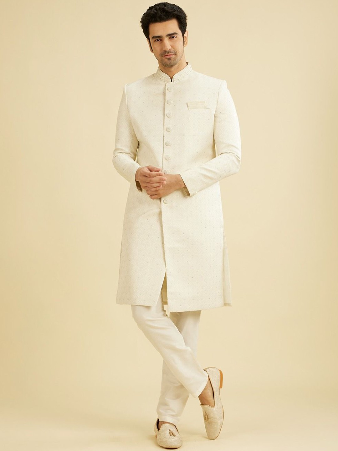 

Manyavar Men Stone Work Sherwani Sherwani Set, White