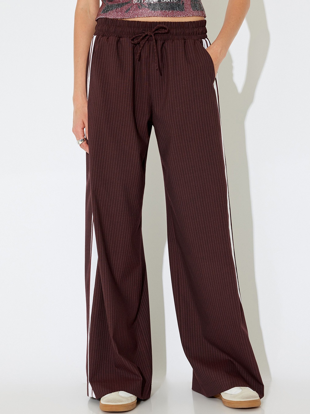 

Koton Women Mid-Rise Striped Trousers, Brown