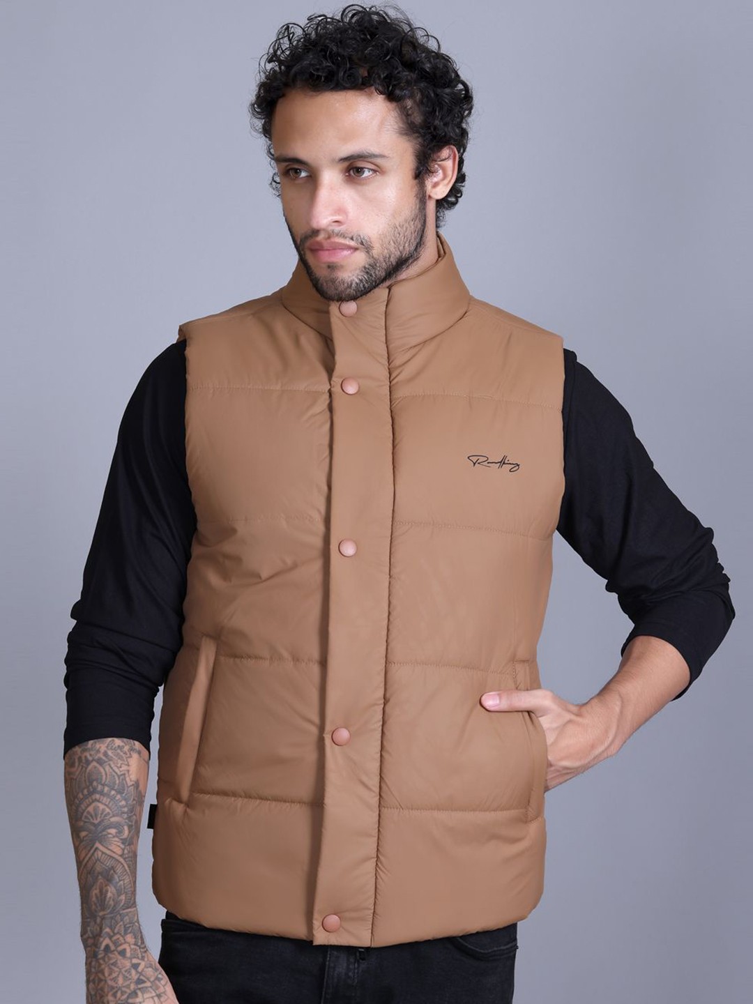 

Roadking Men Mock Collar Solid Casual Padded Jacket, Brown
