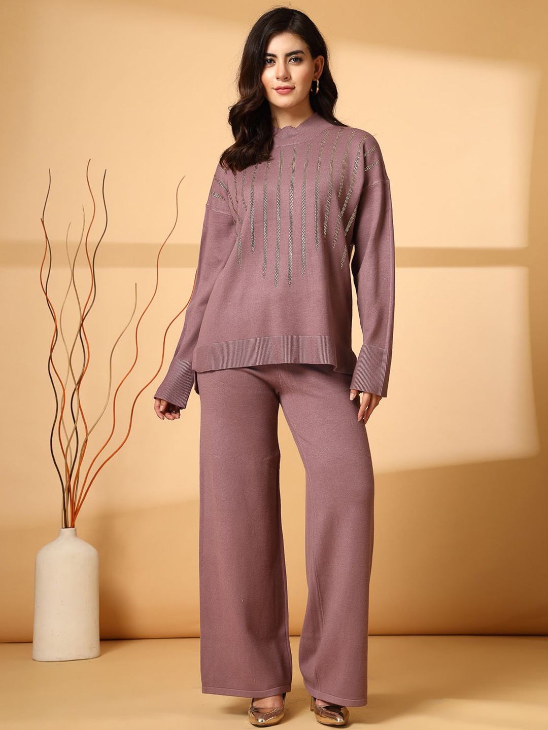 

Mafadeny Embellished High Neck Long Sleeves Top With Palazzo, Pink