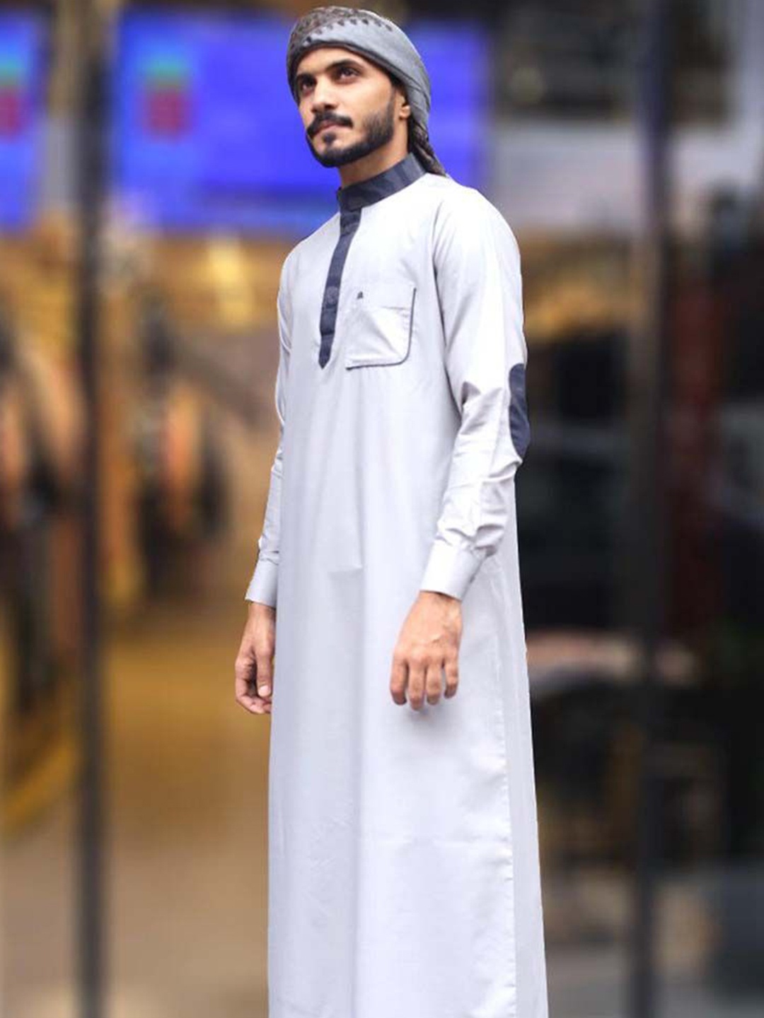 

MASHROO Band Collar Straight Thobe, Grey