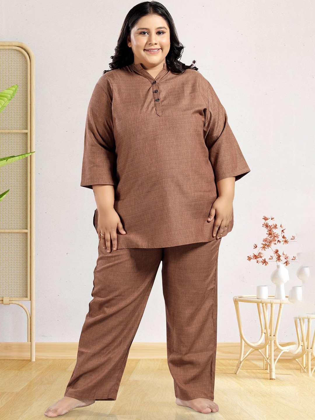 

TITTLI Women Shirt Collar Neck Night suit, Brown