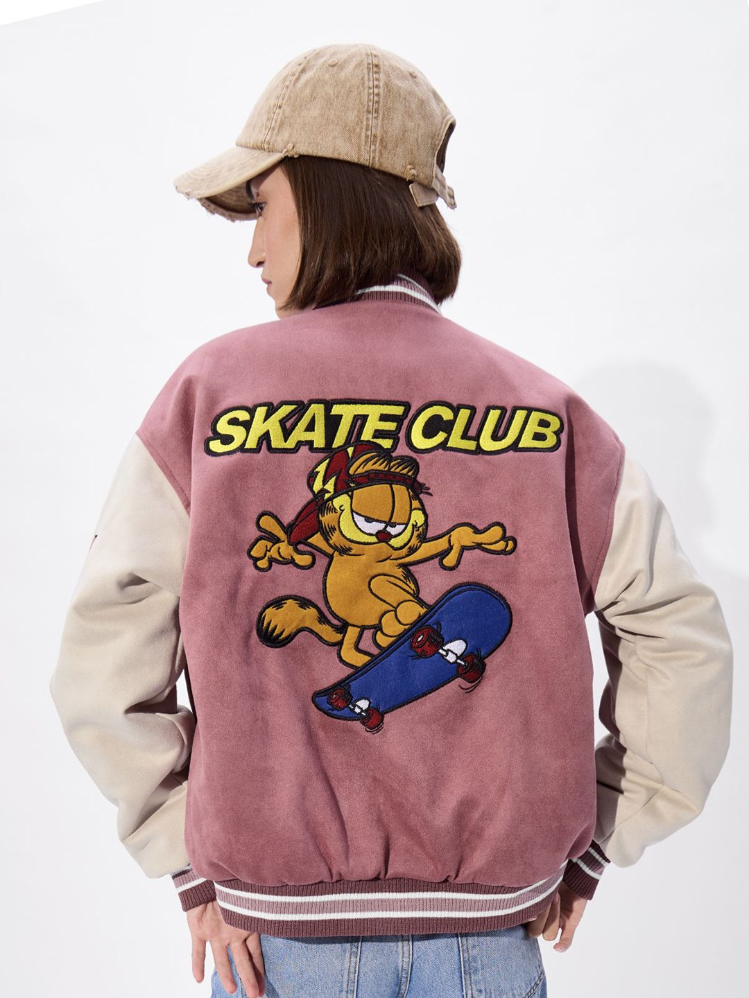 

The Souled Store Women Stand Collar Typography Printed Casual Varsity Jacket, Mauve