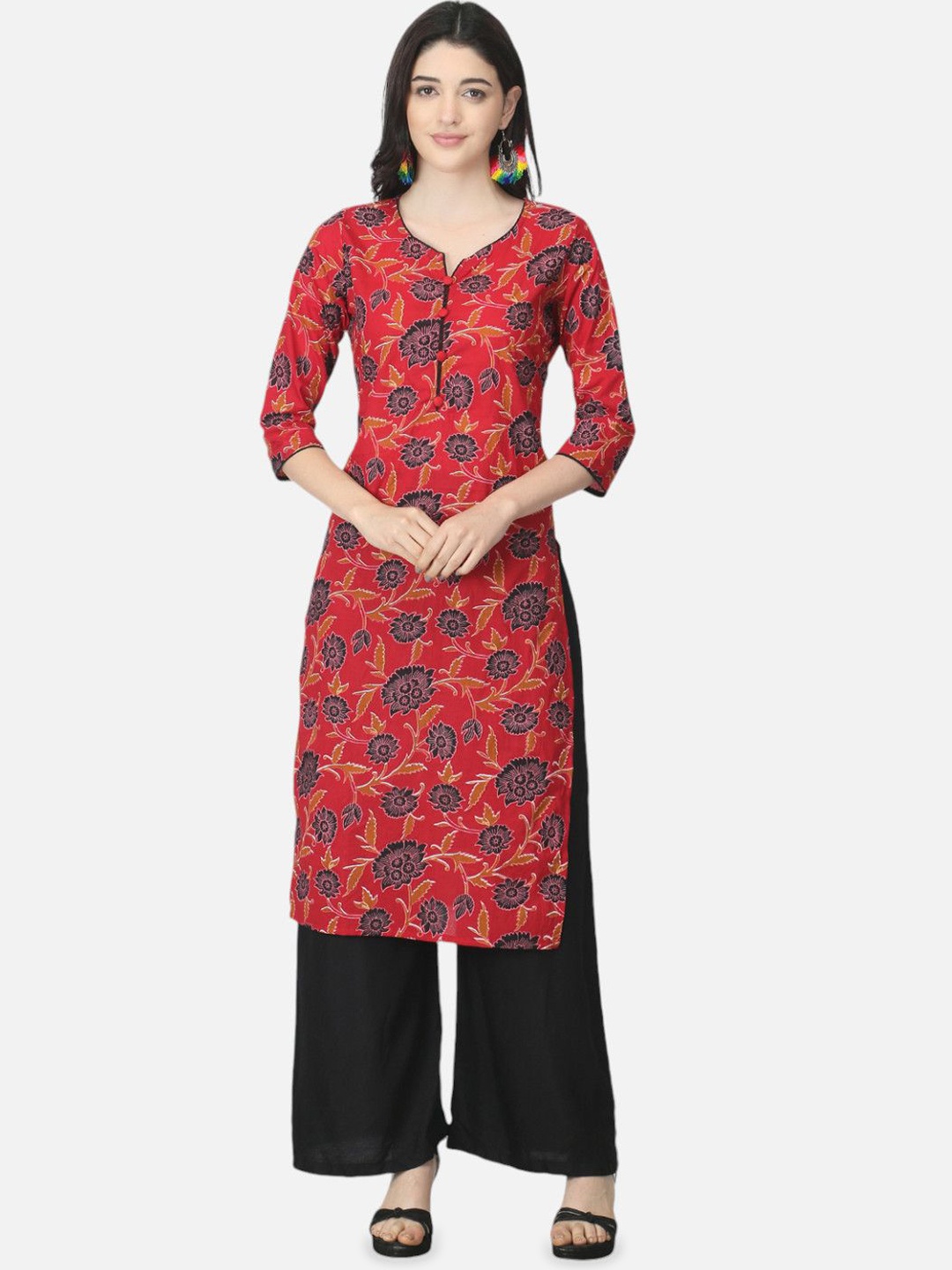 

Biyu Floral Printed Cotton Straight Kurta, Red