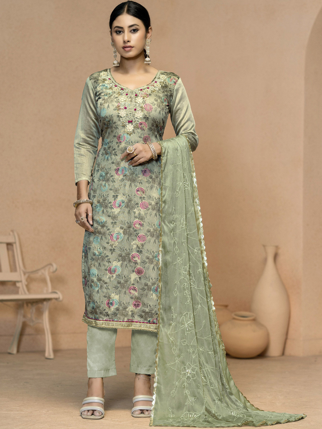 

Maroosh Floral Embroidered Unstitched Dress Material, Green