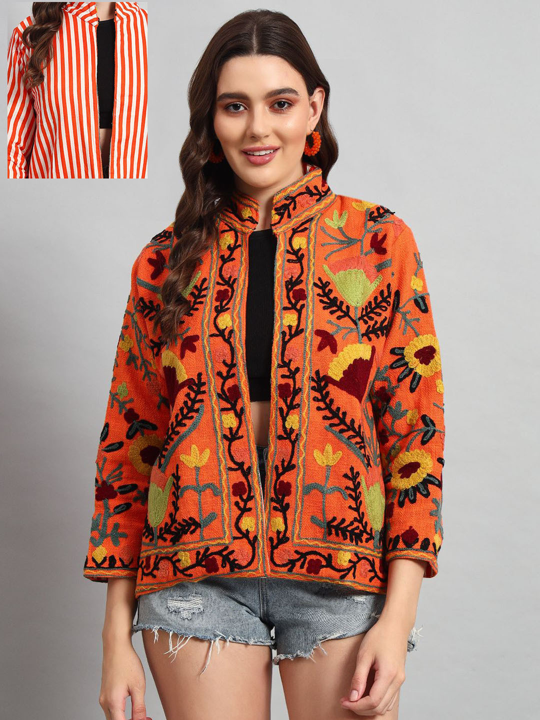 

HANDICRAFT PALACE Women Floral Embroidered Cotton Ethnic Open Front Reversible Jacket, Orange