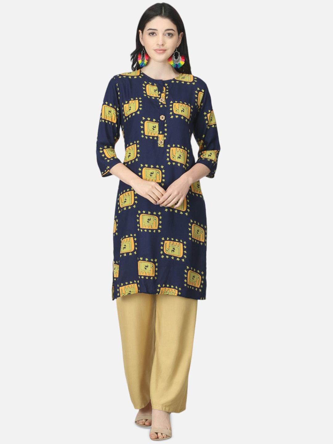 

Biyu Geometric Printed Round Neck Straight Kurta, Navy blue