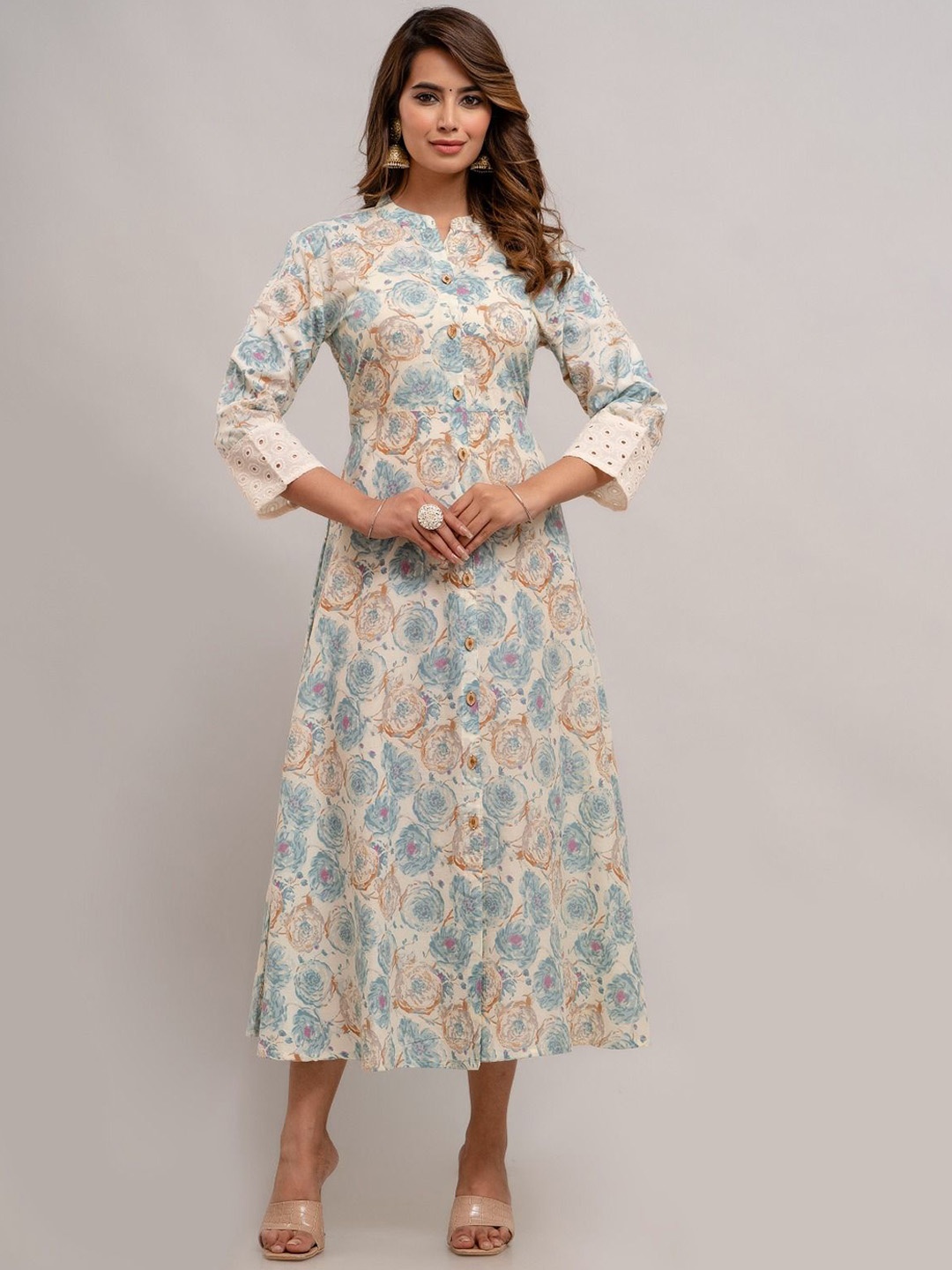 

ANNU PARIDHAN Floral Printed Cotton A-Line Ethnic Dress, Blue