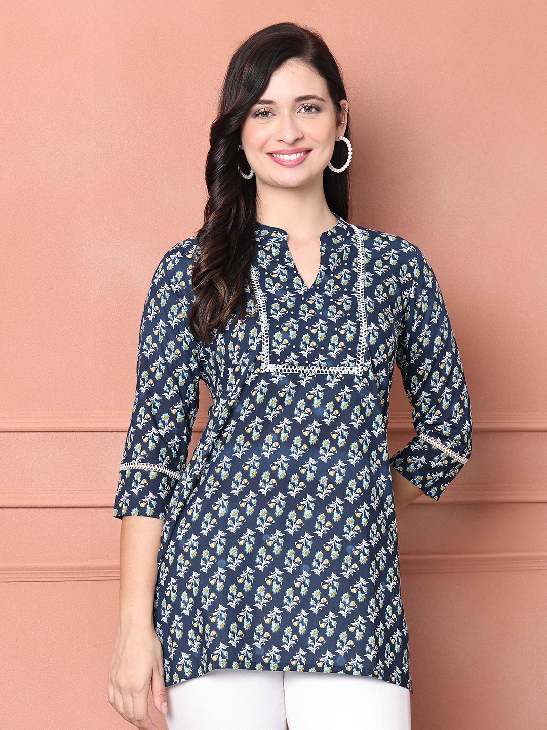 

Roly Poly Pure Cotton Mandarin Collar Printed Ethnic Tunic, Navy blue