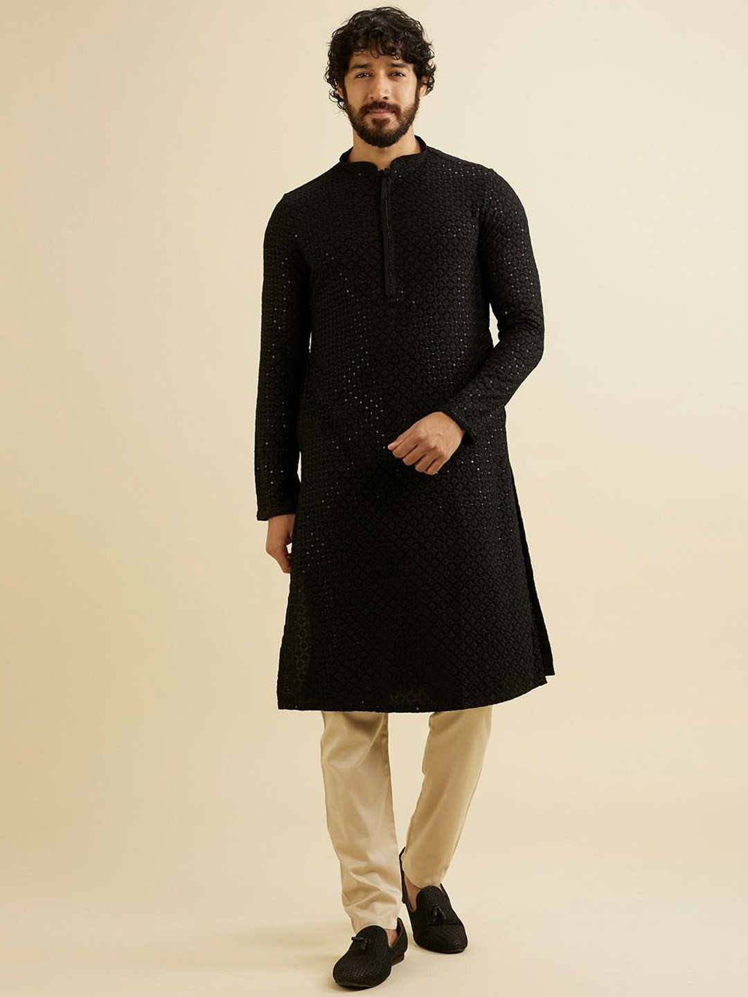 

Manyavar Geometric Embroidered Sequinned Mandarin Collar Straight Kurta with Pyjamas, Black