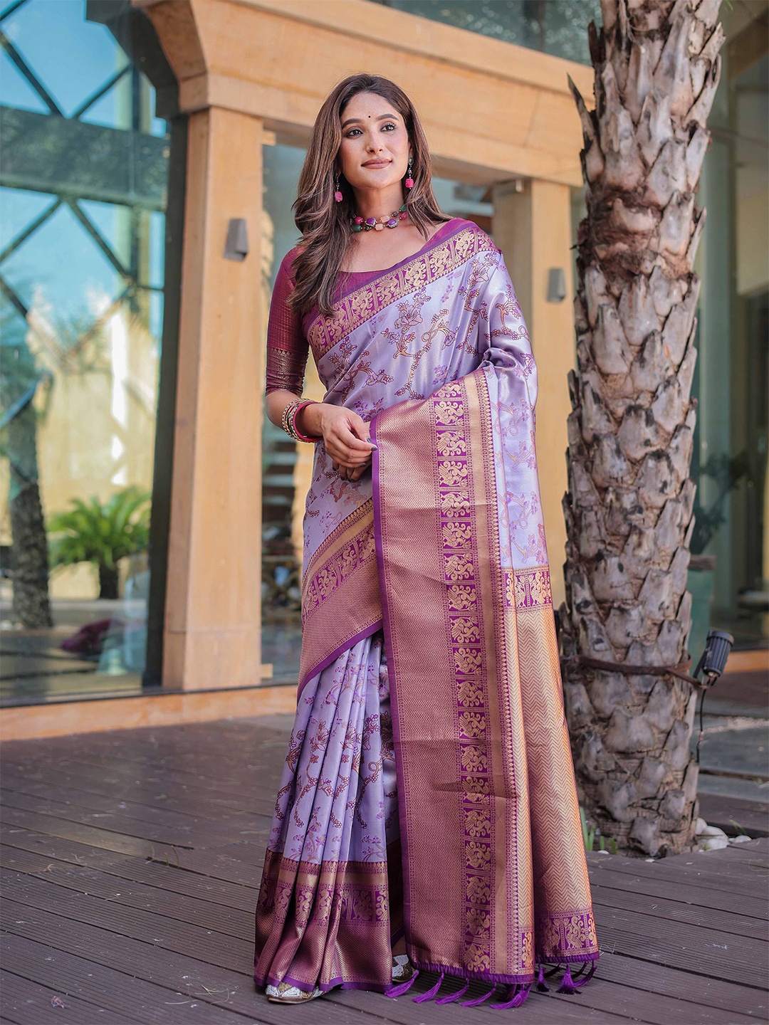 

Mitera Floral Woven Design Zari Dharmavaram Saree, Lavender