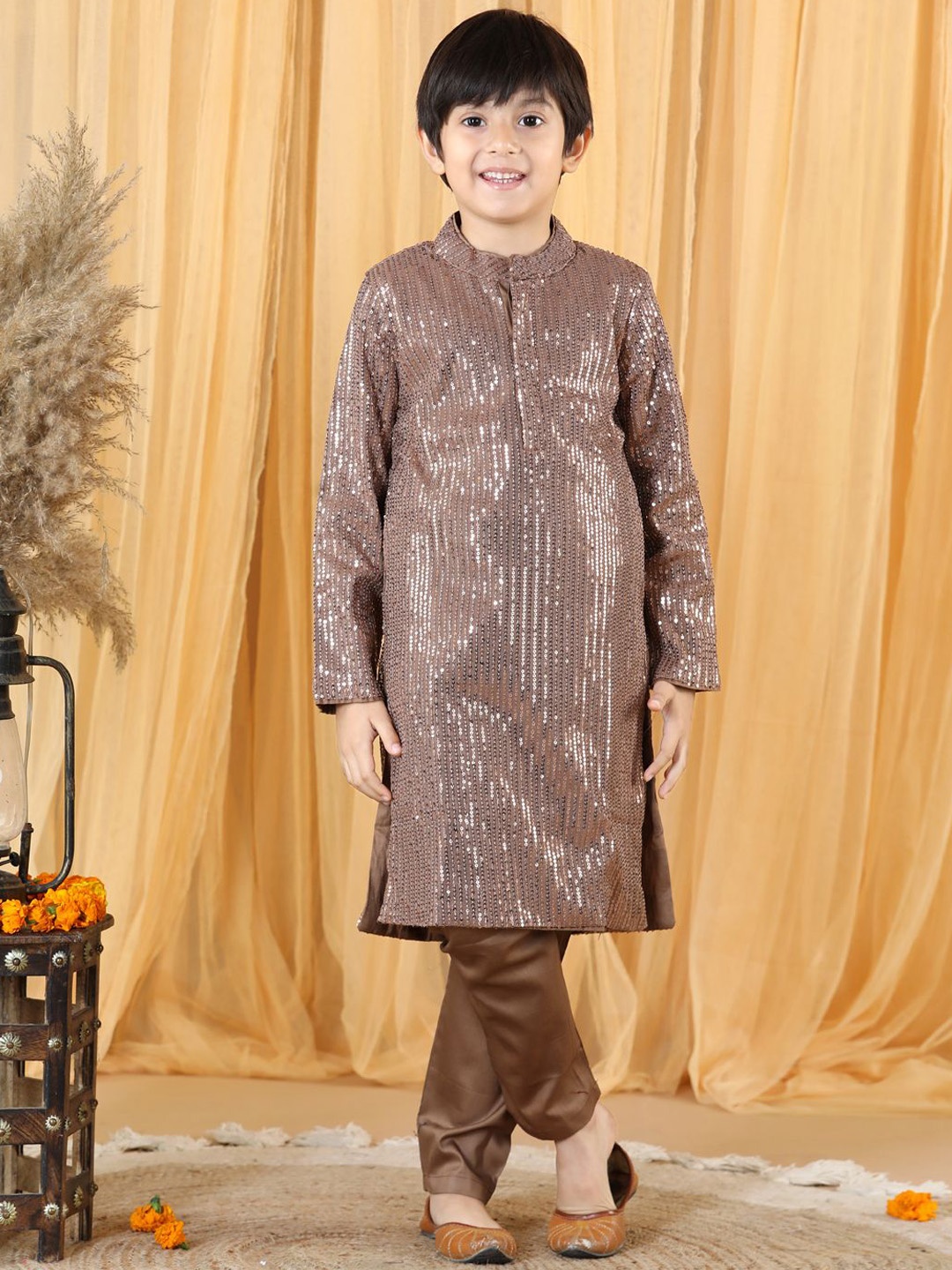 

PICCOLO Boys Sequinned Straight Kurta with Pyjamas, Copper