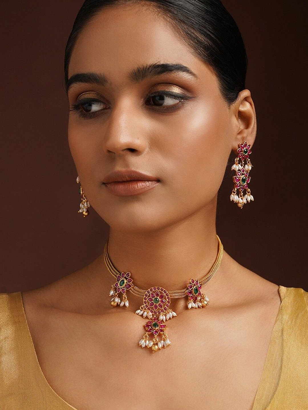 

JAYPORE Brass Artificial Stones & Beads Studded Jewellery Set, Gold