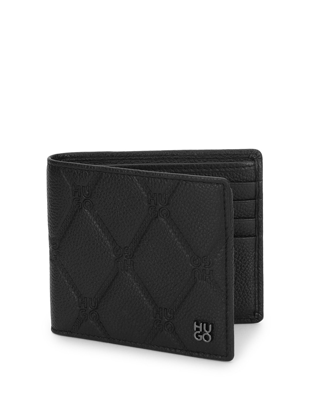 

HUGO Men Woven Design Embroidered Leather Two Fold Wallet, Black