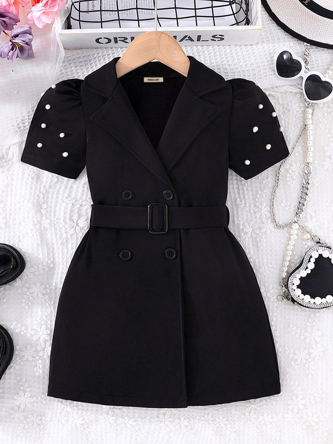 

INCLUD Girls Solid Puff Sleeve Blazer Dresses, Black