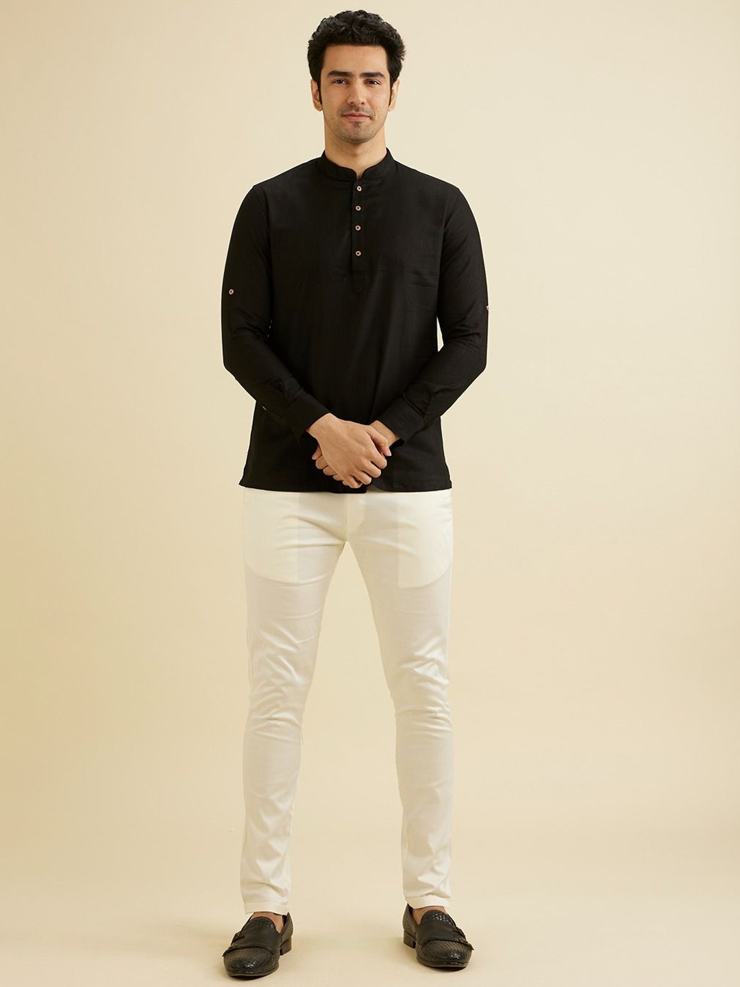 

Manyavar Mandarin Collar Roll-Up Sleeves Cotton Straight Short Kurta, Black