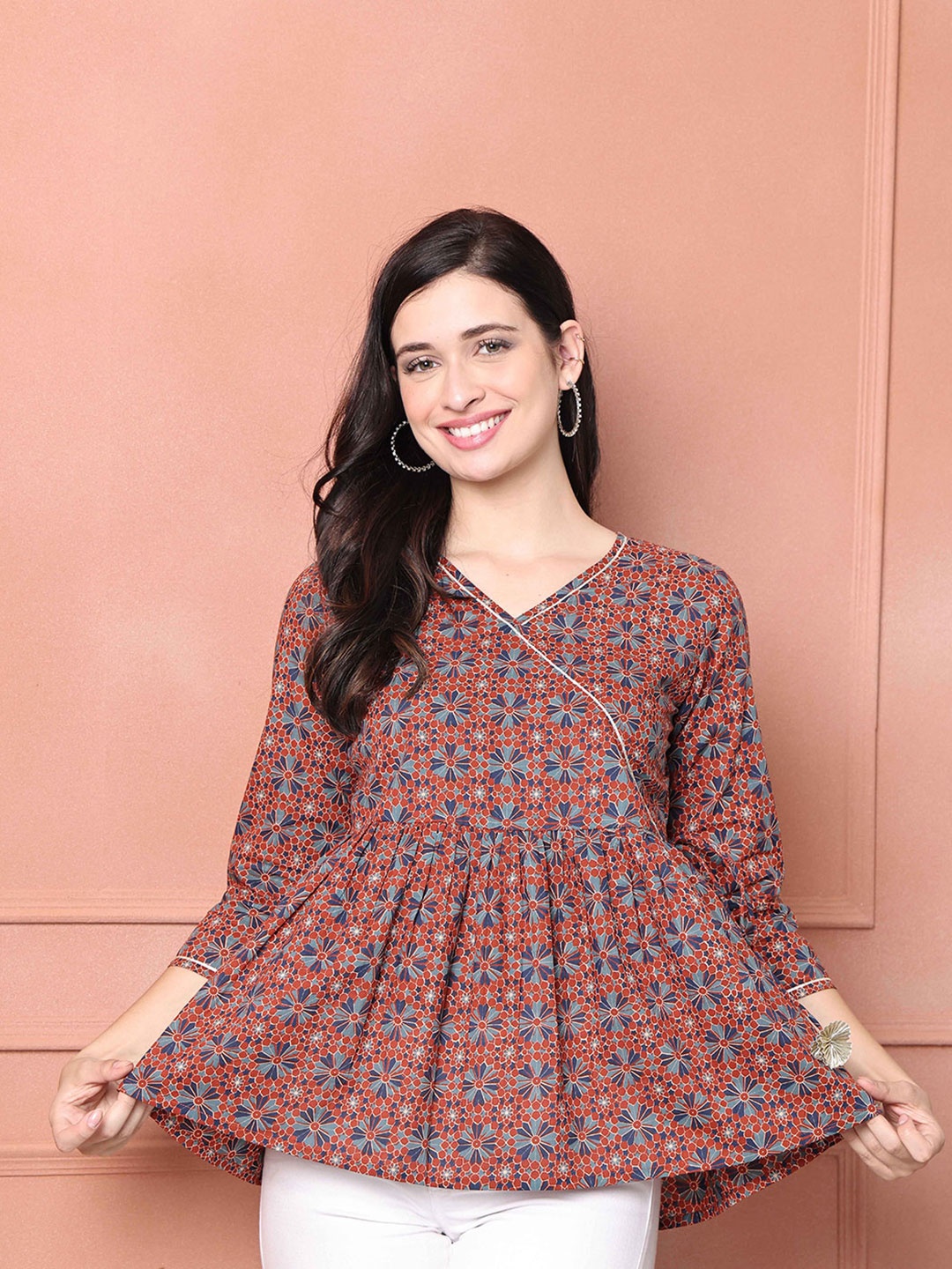 

Roly Poly Women Pure Cotton Floral Printed Ethnic Peplum Top, Orange