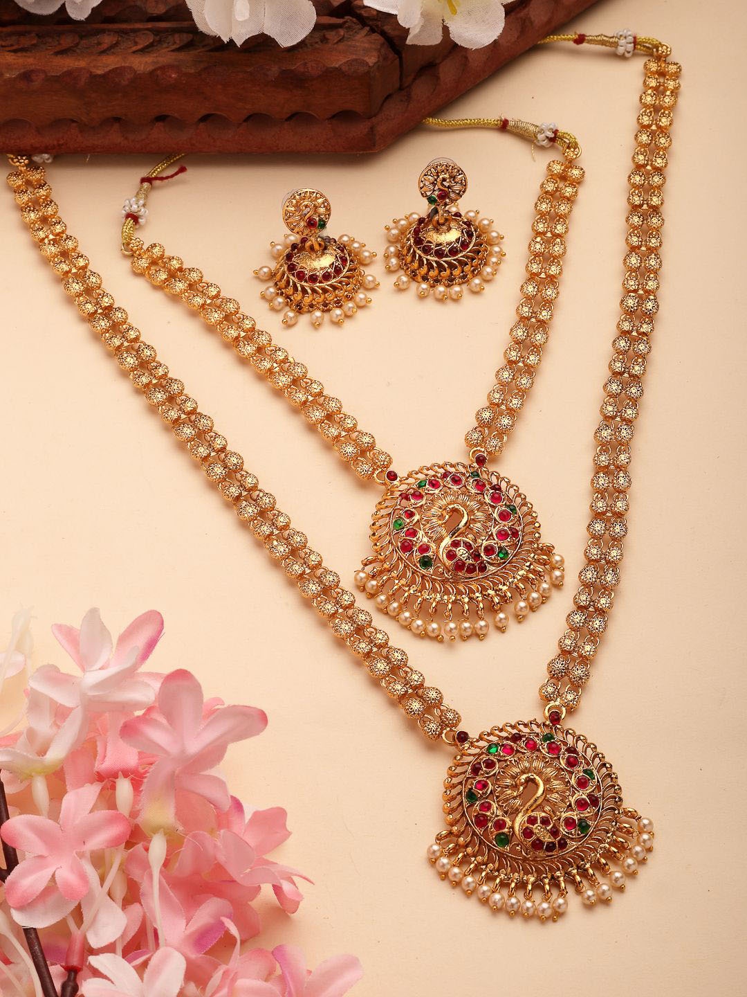 

NVR Set Of 2 Gold-Plated Stone-Studded & Beaded Jewellery Set