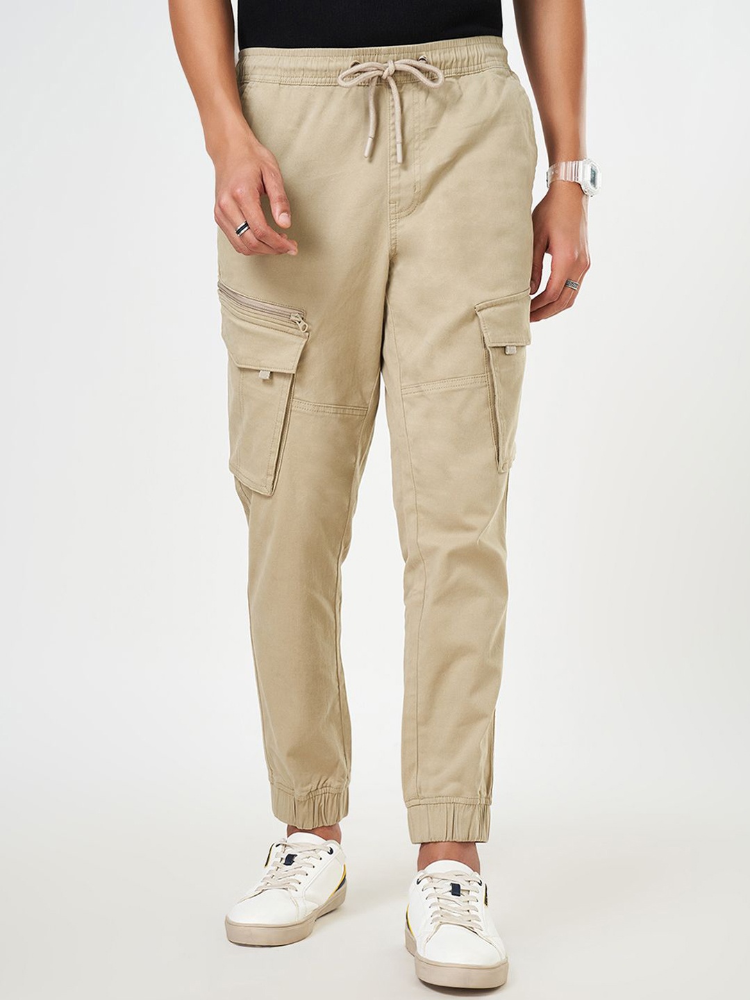 

People Men Regular Fit Cotton Casual Joggers, Khaki