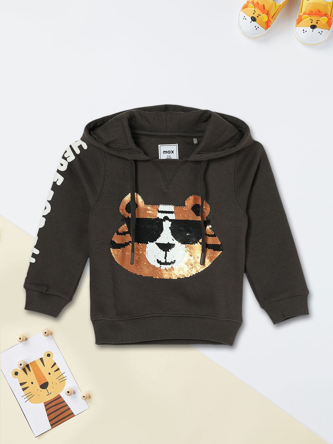

max Boys Colour Changing Sequined Tiger Hooded Sweatshirt, Black