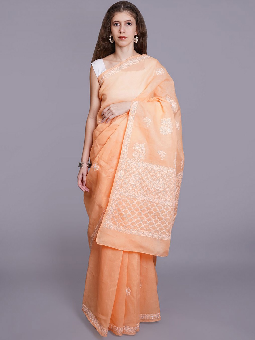 

Seva Chikan Floral Embroidered Saree, Peach