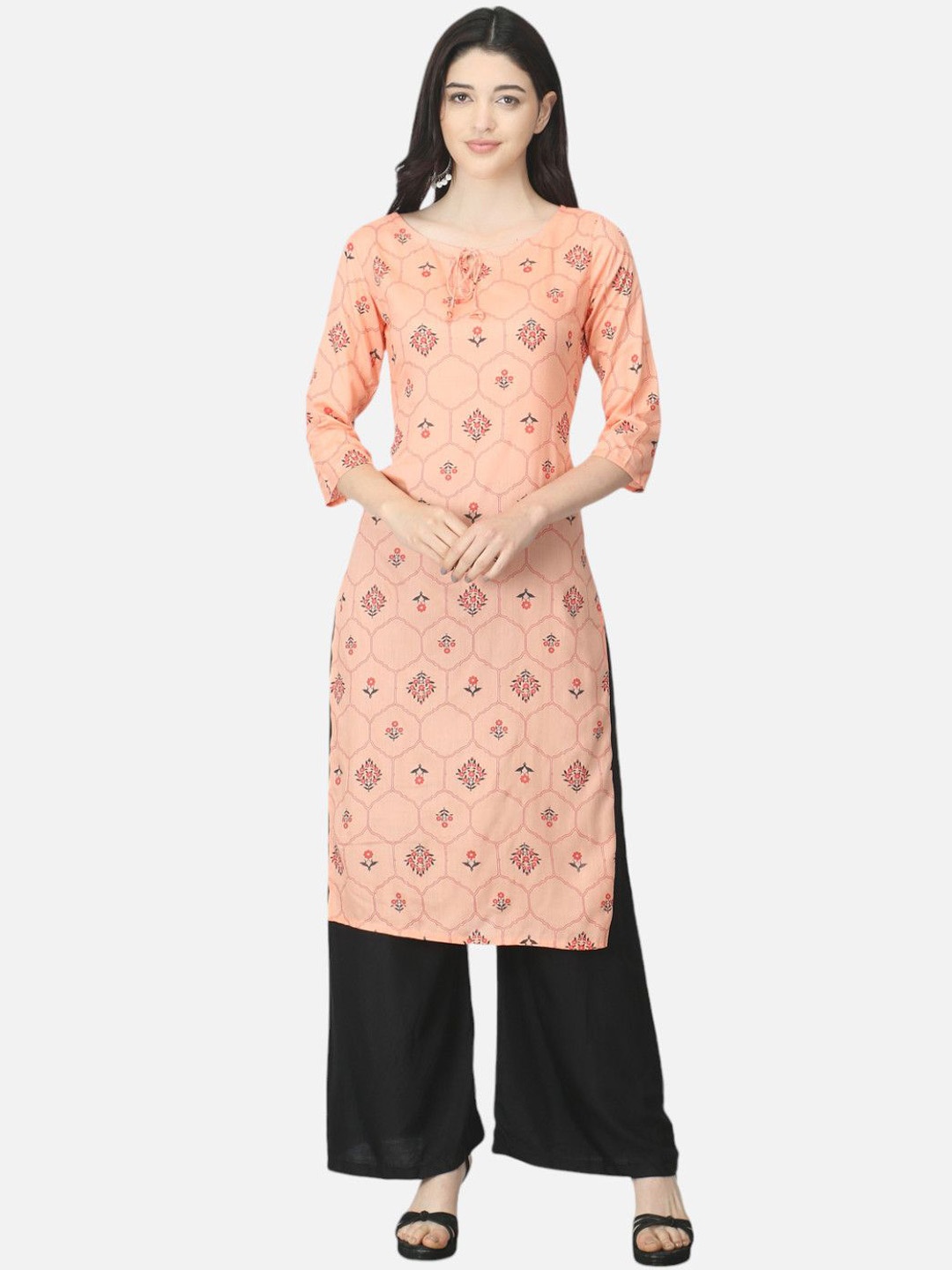 

Biyu Floral Printed Tie-Up Neck Cotton Straight Kurta, Orange