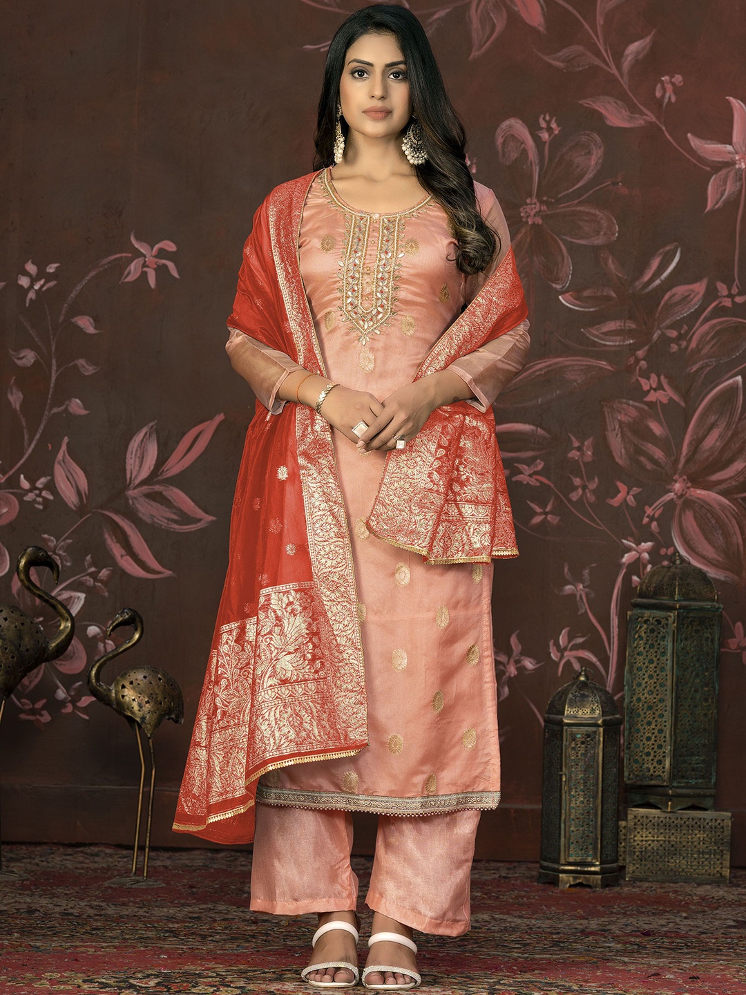 

Maroosh Ethnic Motifs Woven Design Beads and Stones Organza Unstitched Dress Material, Peach