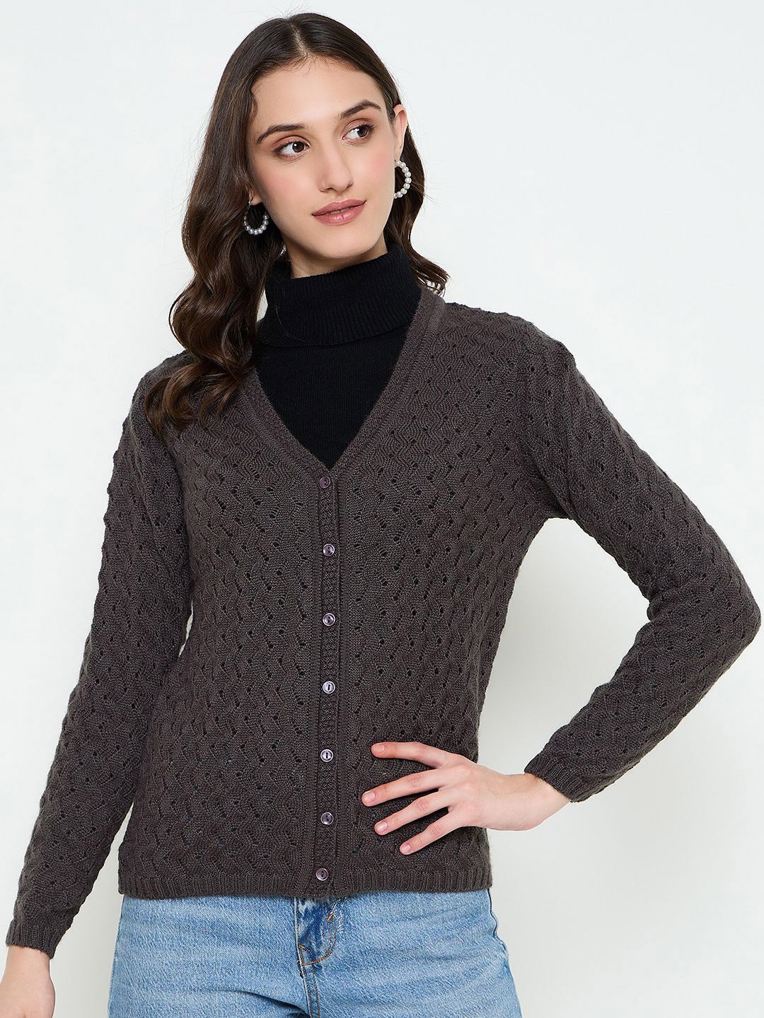 

CREATIVE LINE Women Open Knit Woollen Winter Cardigan, Brown