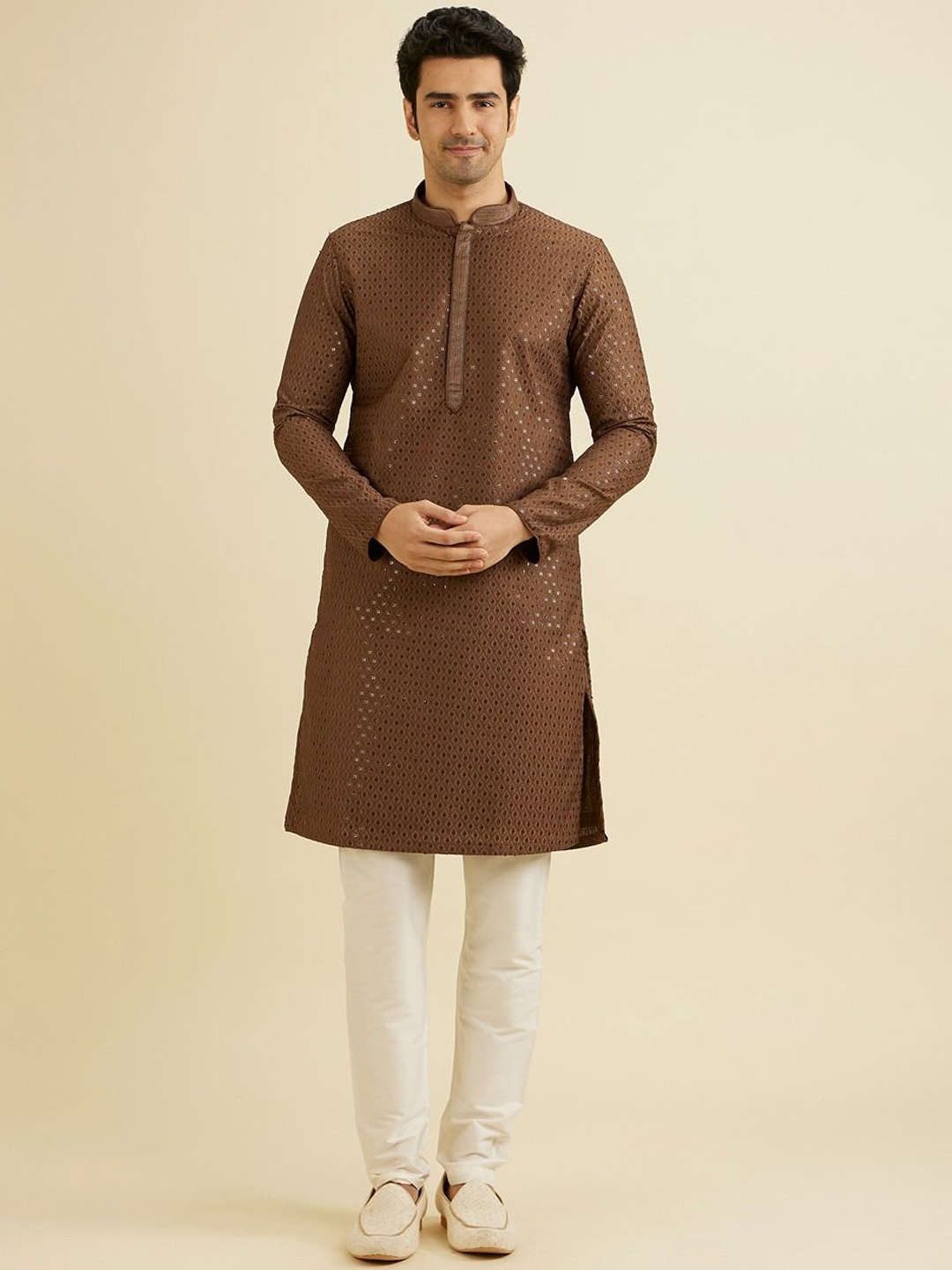 

Manyavar Embroidered Sequinned Kurta with Pyjama, Brown