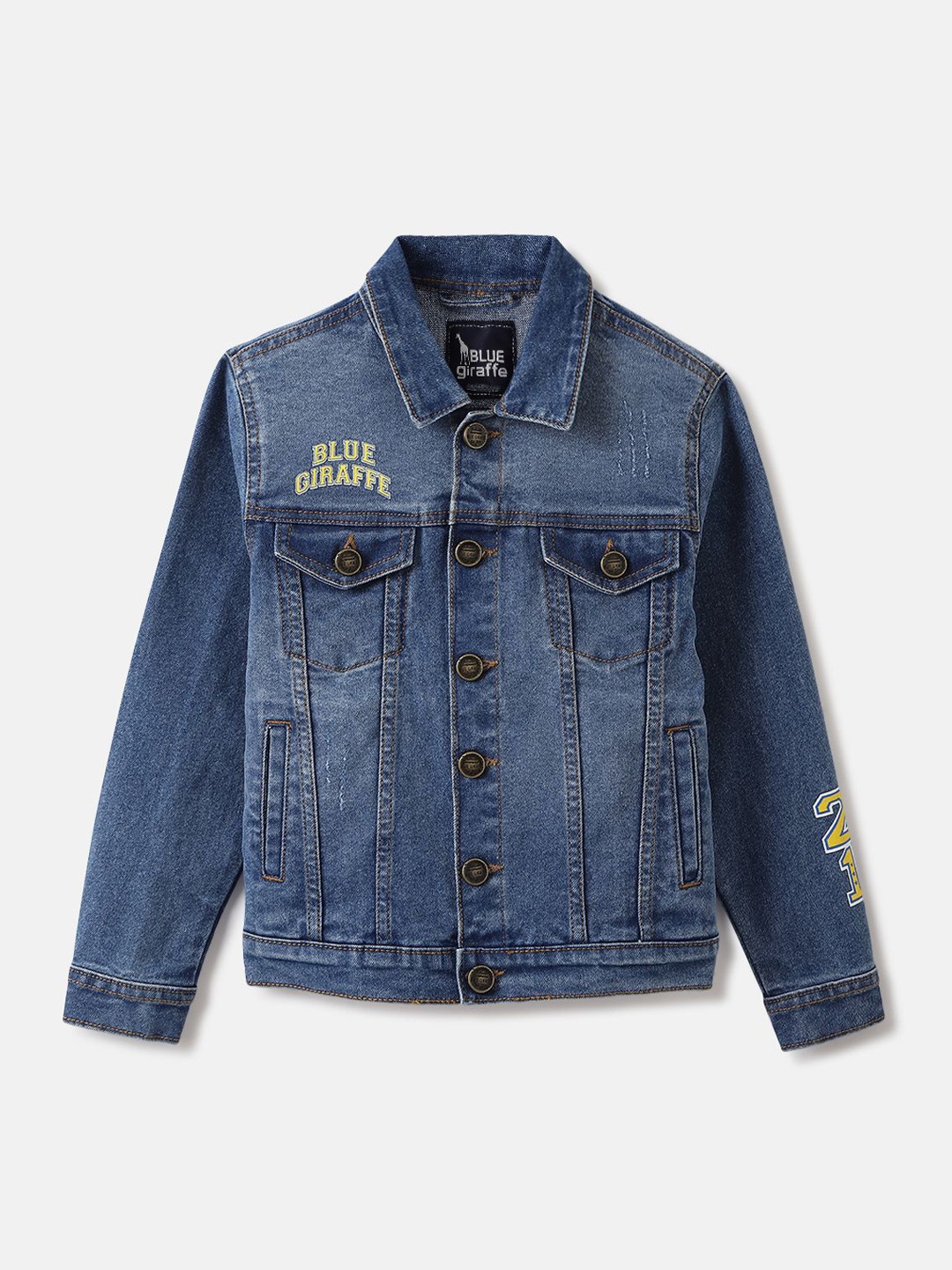 

Blue Giraffe Boys Spread Collar Washed Solid Cotton Casual Denim Jacket