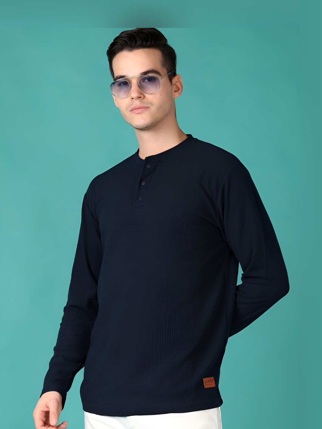 

V-Mart Men Solid Henley Neck Cotton T-shirt, Navy blue