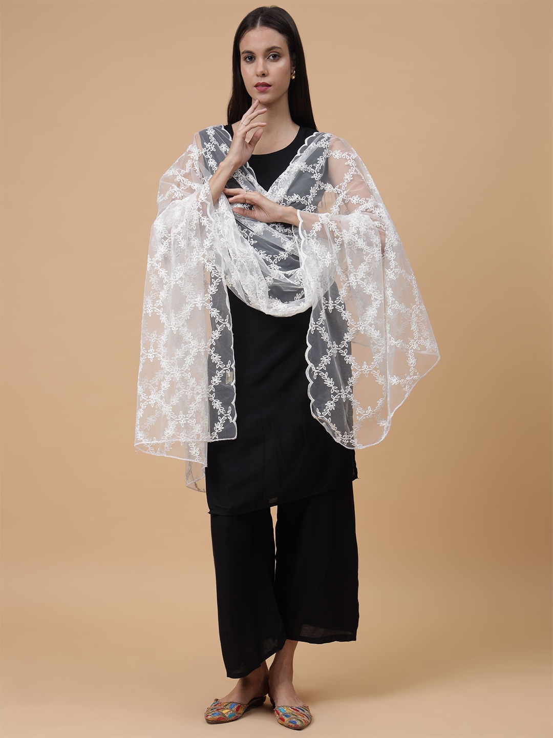 

Zamour Floral Embroidered Net Dupatta, White