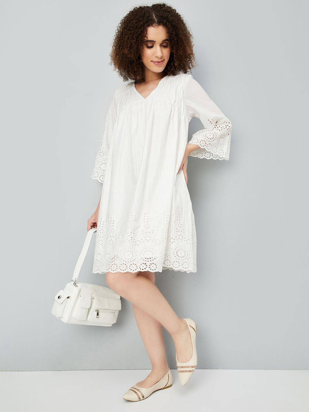 

max Women Cotton Three-Quarter Sleeves A-Line Above Knee Dress, Off white