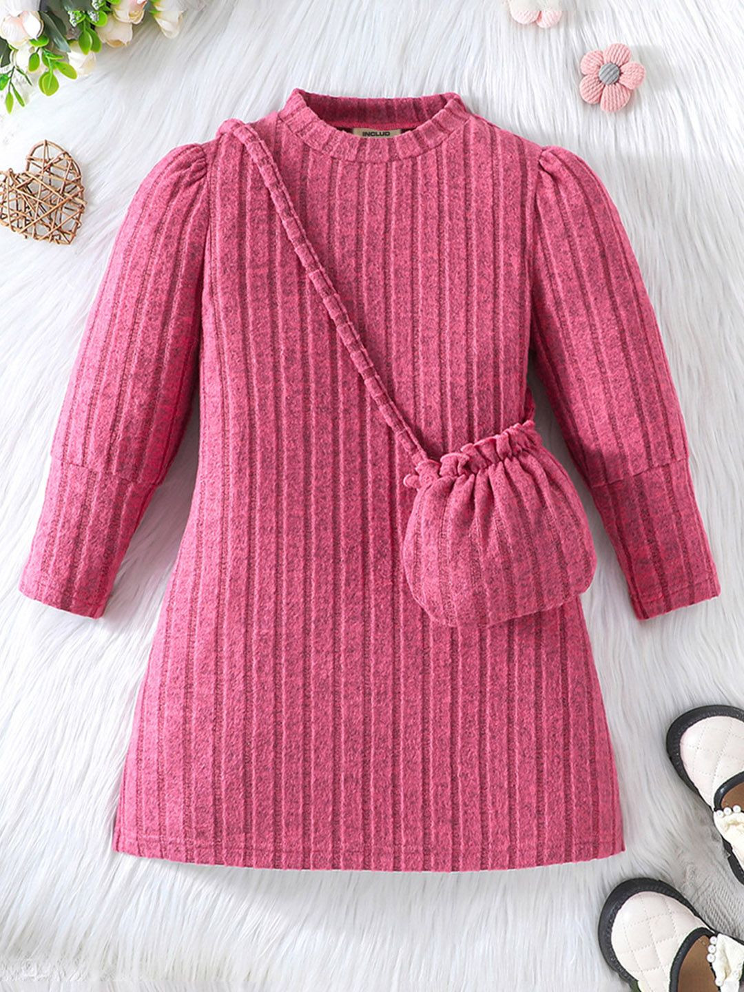 

INCLUD Girls Winterwear A-line Dress With Handbag, Pink