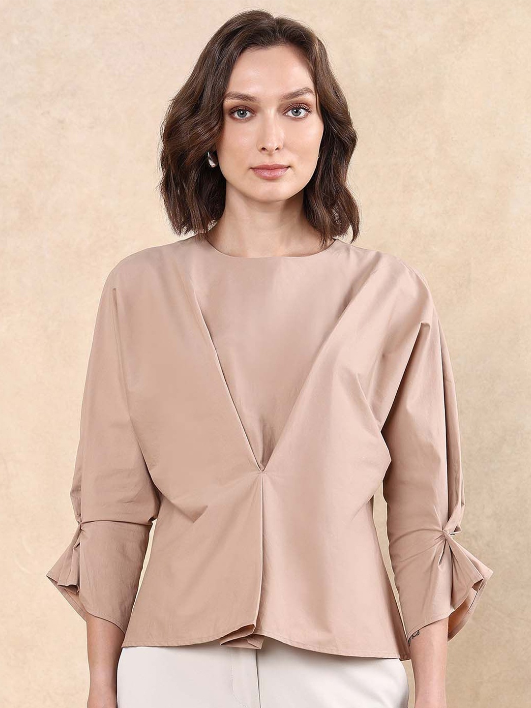 

RAREISM Women Solid Accordion Pleated Sleeves Cotton Top, Beige