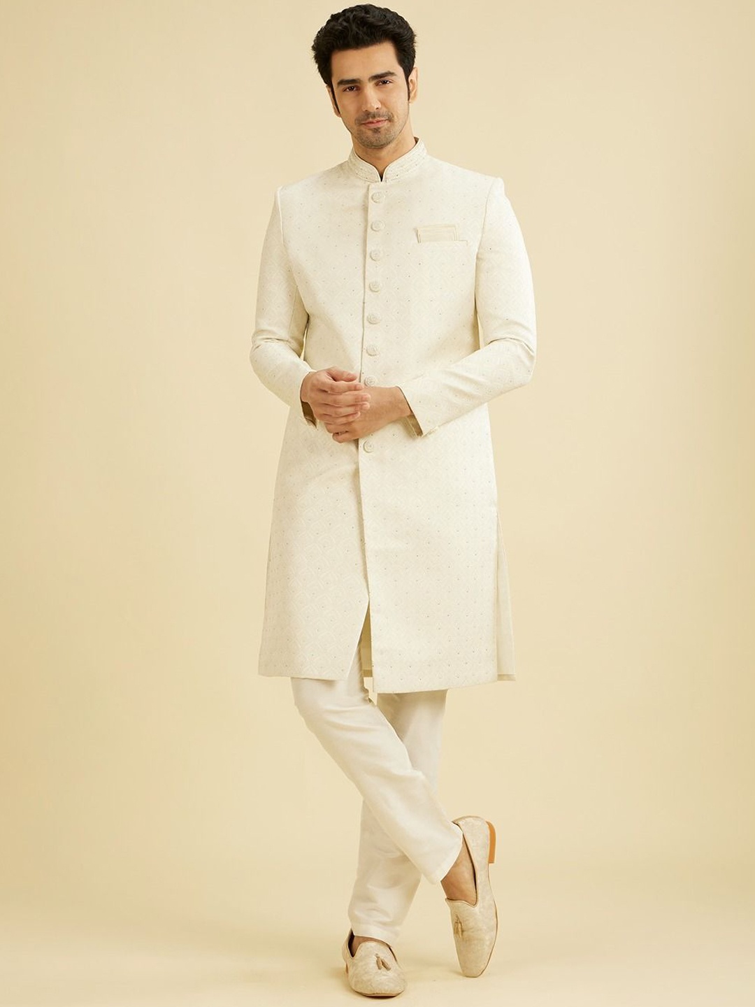

Manyavar Self Design Sherwani Set, White