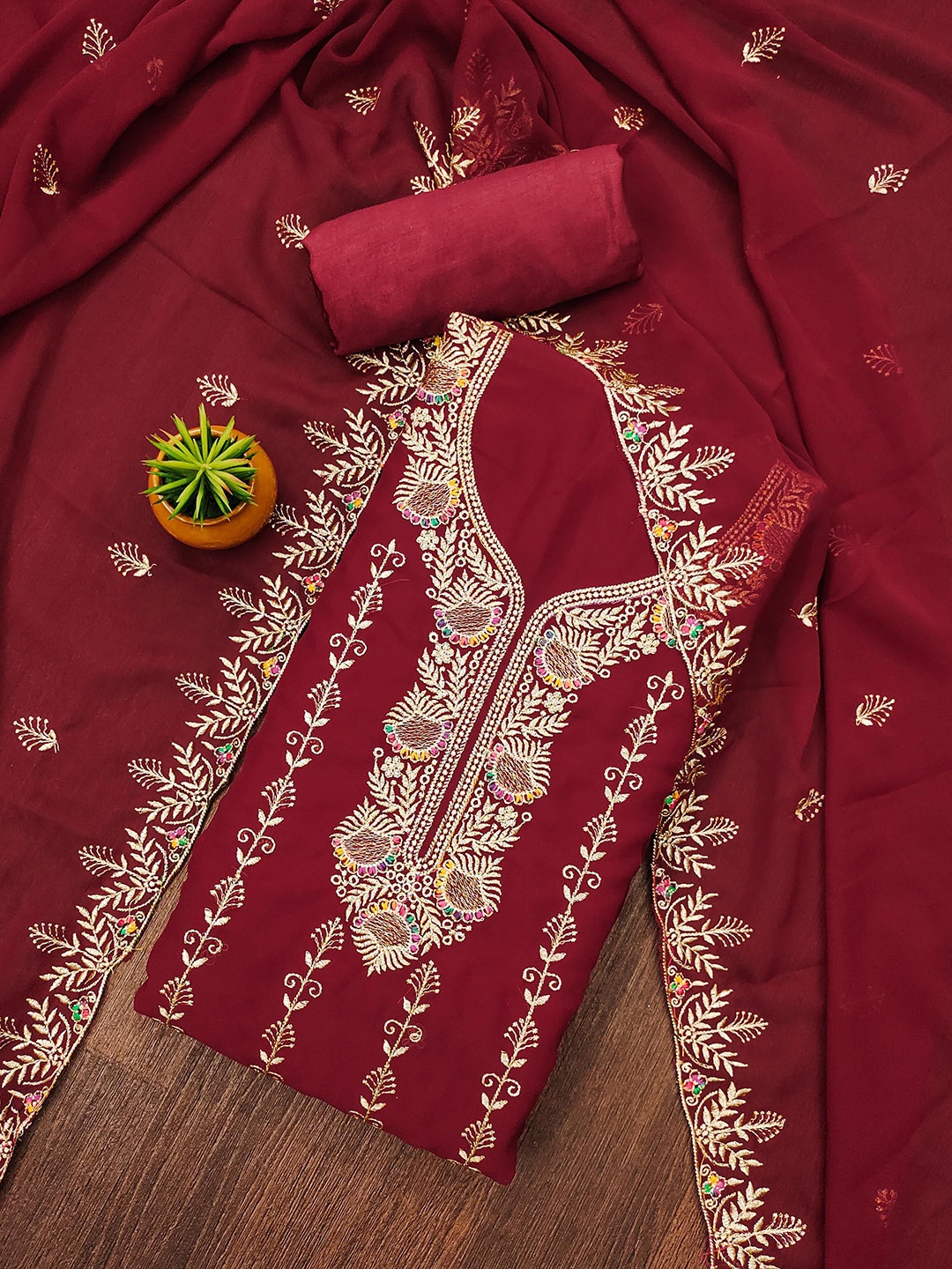 

KALINI Embroidered Silk Georgette Unstitched Dress Material, Maroon