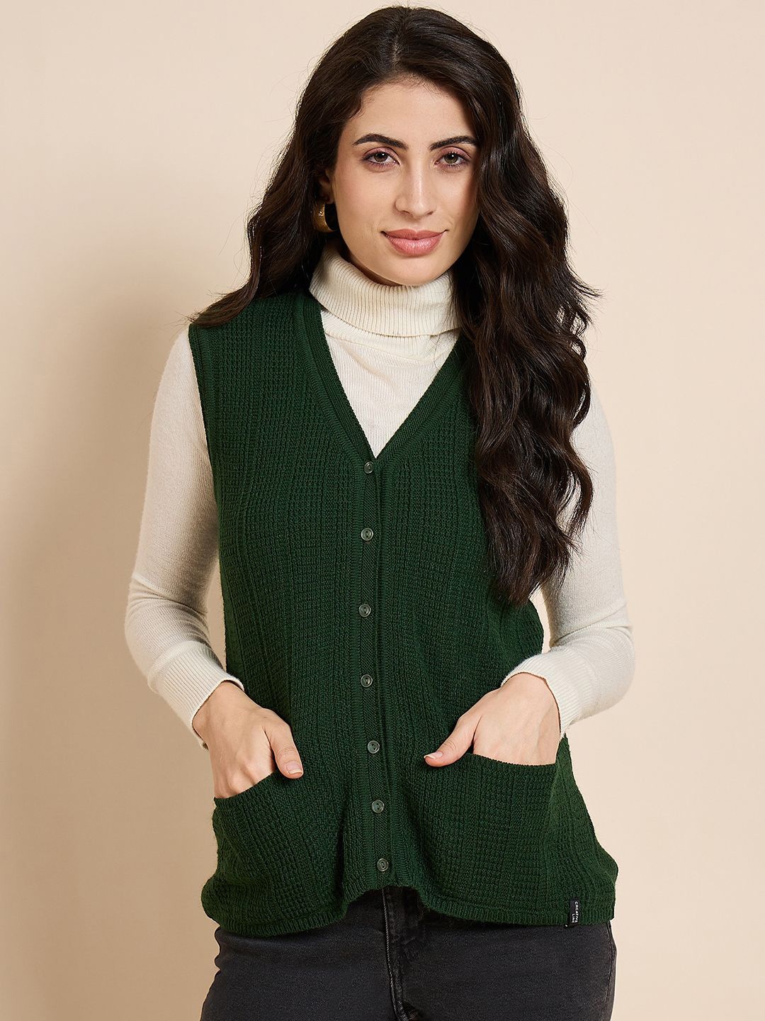 

CREATIVE LINE Women Self Design Woollen Cardigan Sweater, Green