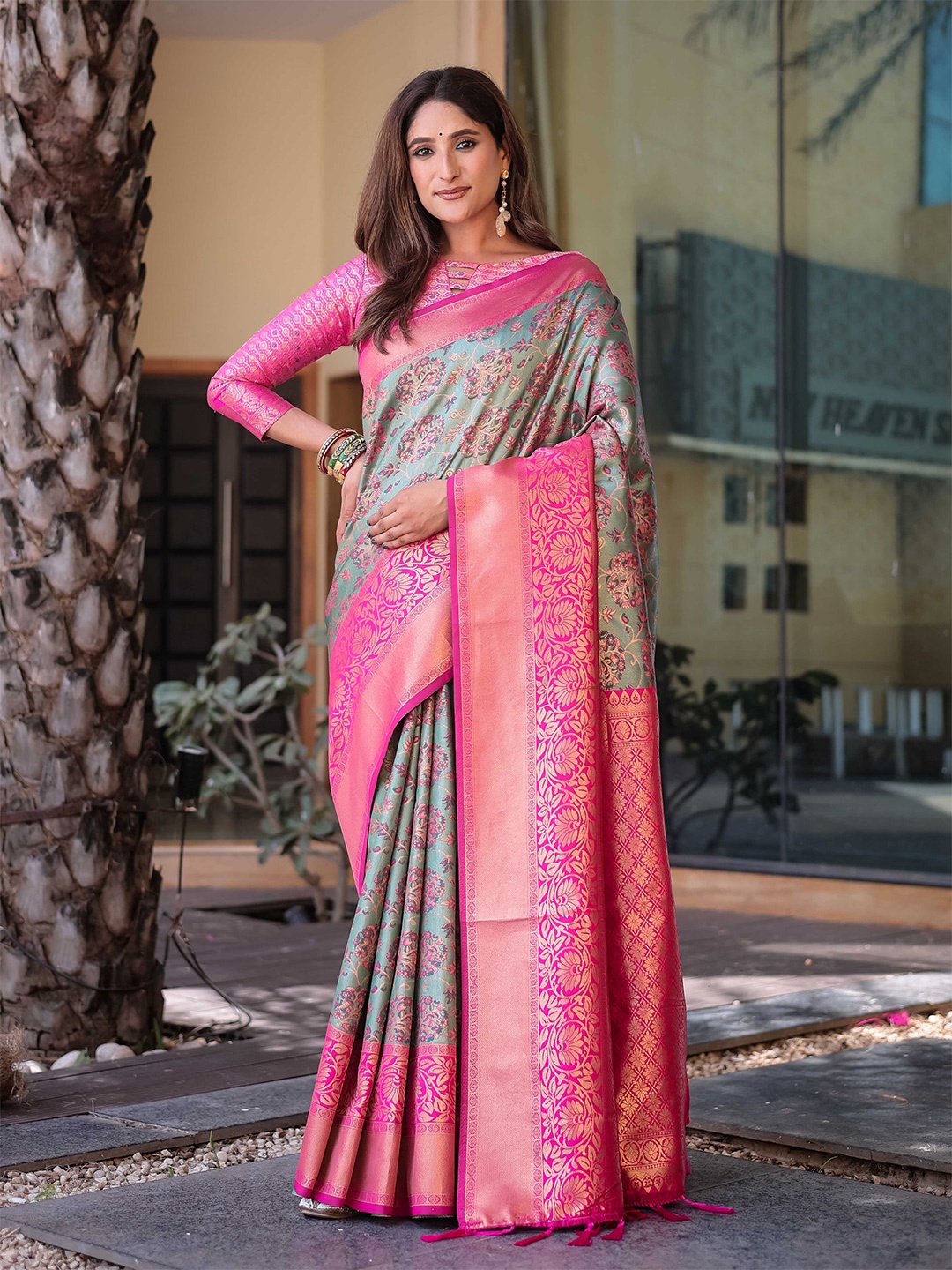 

Mitera Woven Design Zari Dharmavaram Saree, Grey